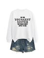 Detail of white sweatshirt with slogan print and distressed denim shorts with frayed edges - White (Black Font)