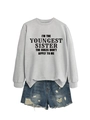 Detail of light grey crewneck sweatshirt with 'Youngest Sister' slogan print on front - Grey (Black Font)