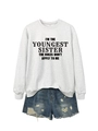 Detail of grey sweatshirt with 'I'M THE YOUNGEST SISTER' text and denim shorts - Off-White (Black Font)