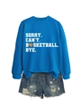 Close-up of royal blue sweatshirt featuring 'Sorry Can't Basketball Bye' graphic slogan - S / Lake Blue (White Graphic)
