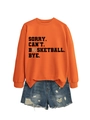 Detail of bright orange sweatshirt with heart basketball print and ripped denim shorts - S / Orange (Black Letters)
