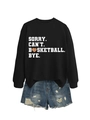 Detail of black sweatshirt featuring Sorry Can't Basketball Bye slogan with denim shorts - S / Black (White Letters)