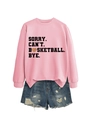Flat lay of pink sweatshirt with 'SORRY CAN'T BASKETBALL BYE' text and denim shorts - S / Pink (Black Letters)