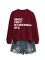 Detail of maroon crewneck sweatshirt with 'SORRY CAN'T BASKETBALL BYE' and denim shorts - S / Wine Red (White Letters)