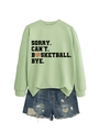 Detail of green sweatshirt with basketball slogan print and ripped denim shorts - S / Olive Green (Black Letters)