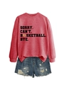 Detail of red crewneck sweatshirt with 'SORRY CAN'T BASKETBALL' print and denim shorts - S / Red (Black Print)
