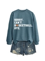 Detail of blue sweatshirt with 'Sorry Can't Basketball Bye' slogan and orange heart ball - S / Blue (White Print)