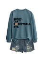 Detail of blue sweatshirt with 'SORRY CAN'T BASKETBALL BYE' text and denim shorts - S / Blue (Black Print)
