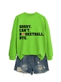 Detail of neon green sweatshirt with black slogan and denim shorts flat lay display - S / Fluorescent Green (Black Graphic)
