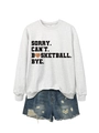 Detail of grey sweatshirt with 'Sorry Can't Basketball Bye' slogan and distressed denim shorts - S / Off-White (Black Graphic)