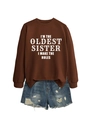 Detail of a brown sweatshirt with white text and distressed blue denim shorts - Coffee (White Font)