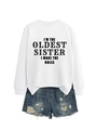 Detailed view of white sweatshirt with 'I'M THE OLDEST SISTER I MAKE THE RULES' slogan print - White (Black Font)