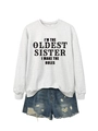 Detail of grey sweatshirt and denim shorts set with I'm the oldest sister slogan - Off White (Black Font)