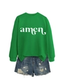 Detail von hellgrünem Sweatshirt mit amen-Druck und distressed Denim-Shorts für Damen - S / Grasgrünes Sweatshirt (Weiße Schrift)