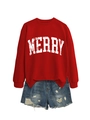 Detail view of red Merry Christmas sweatshirt and distressed denim shorts flat lay - S / Red (White MERRY)