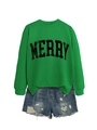 Detail of green crewneck sweatshirt with MERRY letter print and distressed denim shorts - S / Grass Green (Black MERRY)
