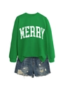 Detail of green sweatshirt with MERRY text print paired with distressed denim shorts - S / Grass Green (White MERRY)