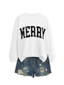 Flat lay of a white crewneck sweatshirt with black MERRY lettering and denim shorts - White (Black MERRY)