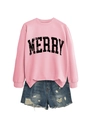 Detail of pink long sleeve sweatshirt with black MERRY lettering and denim shorts - Pink (Black MERRY)