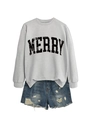 Flat lay of a grey sweatshirt with black MERRY lettering and ripped denim shorts - Grey (Black MERRY)