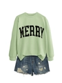 Detail of light green sweatshirt with black MERRY lettering and distressed denim shorts - Olive Green (Black MERRY)
