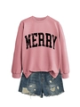 Close-up of pink crewneck sweatshirt with MERRY letter print and distressed denim shorts - Rose Gold (Black MERRY)