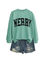 Detail of mint green sweatshirt with distressed black MERRY text and ripped denim shorts - Light Green (Black MERRY)
