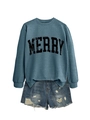 Close-up of distressed MERRY letter print on a grey-blue sweatshirt with frayed denim shorts - Blue (Black MERRY)