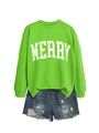 Detail of green sweatshirt with MERRY text and distressed denim shorts ensemble - Neon Green (White MERRY)