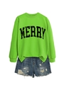 Flat lay of neon green sweatshirt with black MERRY lettering and ripped denim shorts - Neon Green (Black MERRY)