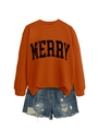 Detailed view of bright orange Merry sweatshirt and distressed denim shorts streetwear outfit - Burnt Orange (Black MERRY)