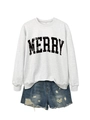 Detail of grey crewneck sweatshirt with MERRY text print and distressed denim shorts - Off-White (Black MERRY)