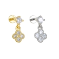 Detailed view of silver and gold four-leaf clover stud earrings with cubic zirconia stones - Four-Leaf Clover Style (EGD2563) / Gold