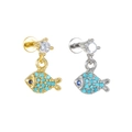 Detailed macro view of fish-shaped earrings with inlaid turquoise stones and zircon studs - Azure Fish Style (EGD2562) / Gold