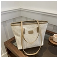 Minimalist woven straw tote bag with khaki leather straps and herringbone pattern - Khaki