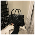 Elegant black clover-embossed square handbag with dual top handles and crossbody strap - Black