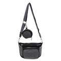 Bolso de pecho negro con tachuelas y monedero redondo con correa de rayas - Plateado