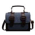 Kleine Retro-Quadrat-Tasche in Dunkelblau und Braun aus Denim und Leder mit Schultergurt - Blau und Kaffee