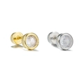 Detailed view of silver and gold screw back earrings with sparkling round cubic zirconia - Small Round Bezel Style (EGD2542) / Gold