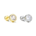Detailed view of gold and silver screw-back earrings with bezel-set round cubic zirconia - Medium Round Bezel Style (EGD2541) / Gold