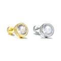 Macro view of gold and silver round cubic zirconia stud earrings with screw-back design - Large Round Bezel Style (EGD2540) / Gold
