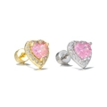 Detalle macro de pendientes de corazón de circón rosa con halo de diamantes micro-pavimentados - Estilo de Corazón de Zirconia Rosa (EGD2547) / Dorado