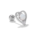 Silver heart-shaped stud earring featuring iridescent white opal and a tiny zircon stone - Hollow Heart Style (EGD0433) / Silver
