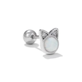 Clou d'oreille chat en titane avec opale blanche et zircons, finition argent poli - Cat Style (EGD0999) / Argent