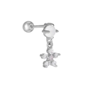 Clou d'oreille en acier titane avec opale blanche et breloque fleurie en zircon rose - Pendentif Fleur à Cinq Pétales (EGD0073) / Argent