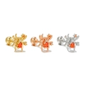 Macro view of spider stud earrings in gold, silver, and rose gold with orange gems - Orange Spider (EGD2247) / Rose Gold