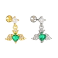 Detail of heart wing cartilage studs with green zircon and crown in gold and silver - Green Heart (EGD2627) / Gold