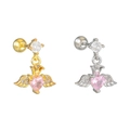 Detail of heart-shaped pink zircon earrings with crown and wings on stainless steel studs - Pink Heart (EGD2629) / Gold