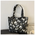 Large vintage tote bag with skull and floral pattern for women's stylish daily use - Black