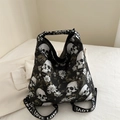 Gothic nylon shoulder bag with skull and flower prints and LOVE letter straps - Black
